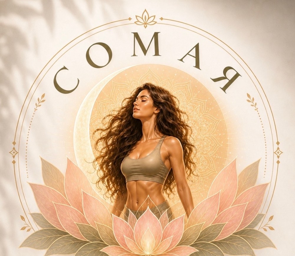Фирменная эмблема студии Somaya Fit: женская фигура в цветке лотоса, тонкая золотая линия на цвете слоновой кости